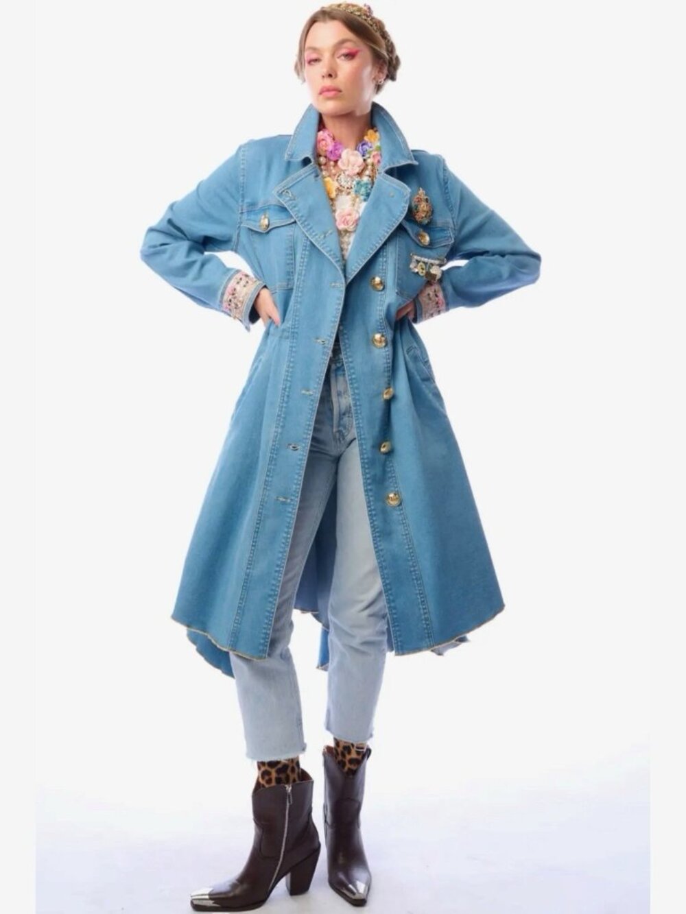 Aratta Monte Carlo Denim Hi-Low Long Coat Blue Decorative Brooch Size S M L - Picture 12 of 15